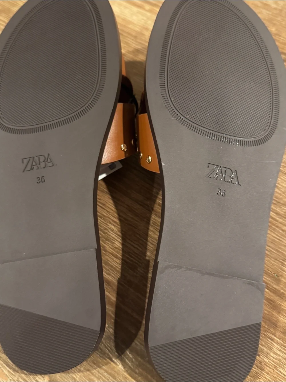 Zara Tan Brown Studded Slide Sandals with Gold Buckle